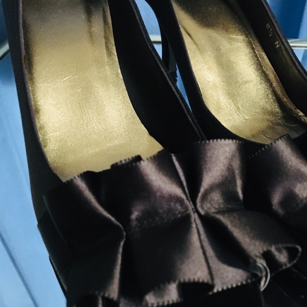 Stuart Weitzman Brown Satin Ruffle Peep Toe Heels - image 2